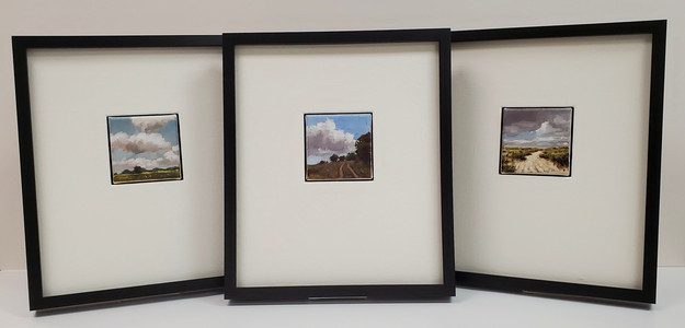 Mini oils, floated in matte opening, shadowboxed without glass